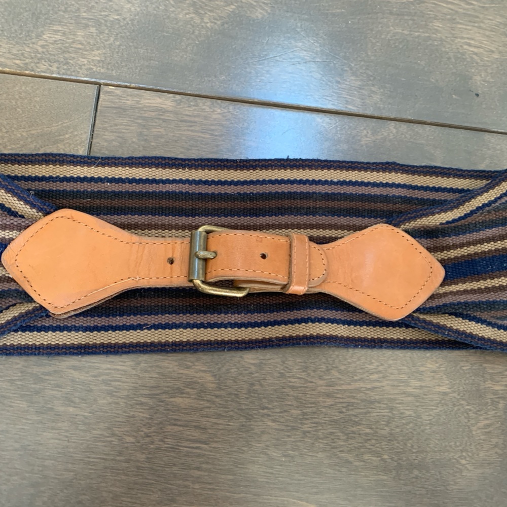 Canvas, leather and brass buckle belt. Multi colored stripped canvas 29”length.